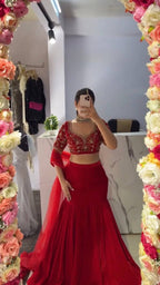 Red Faux Georgette Lehenga Choli With Sequence Work full drape view