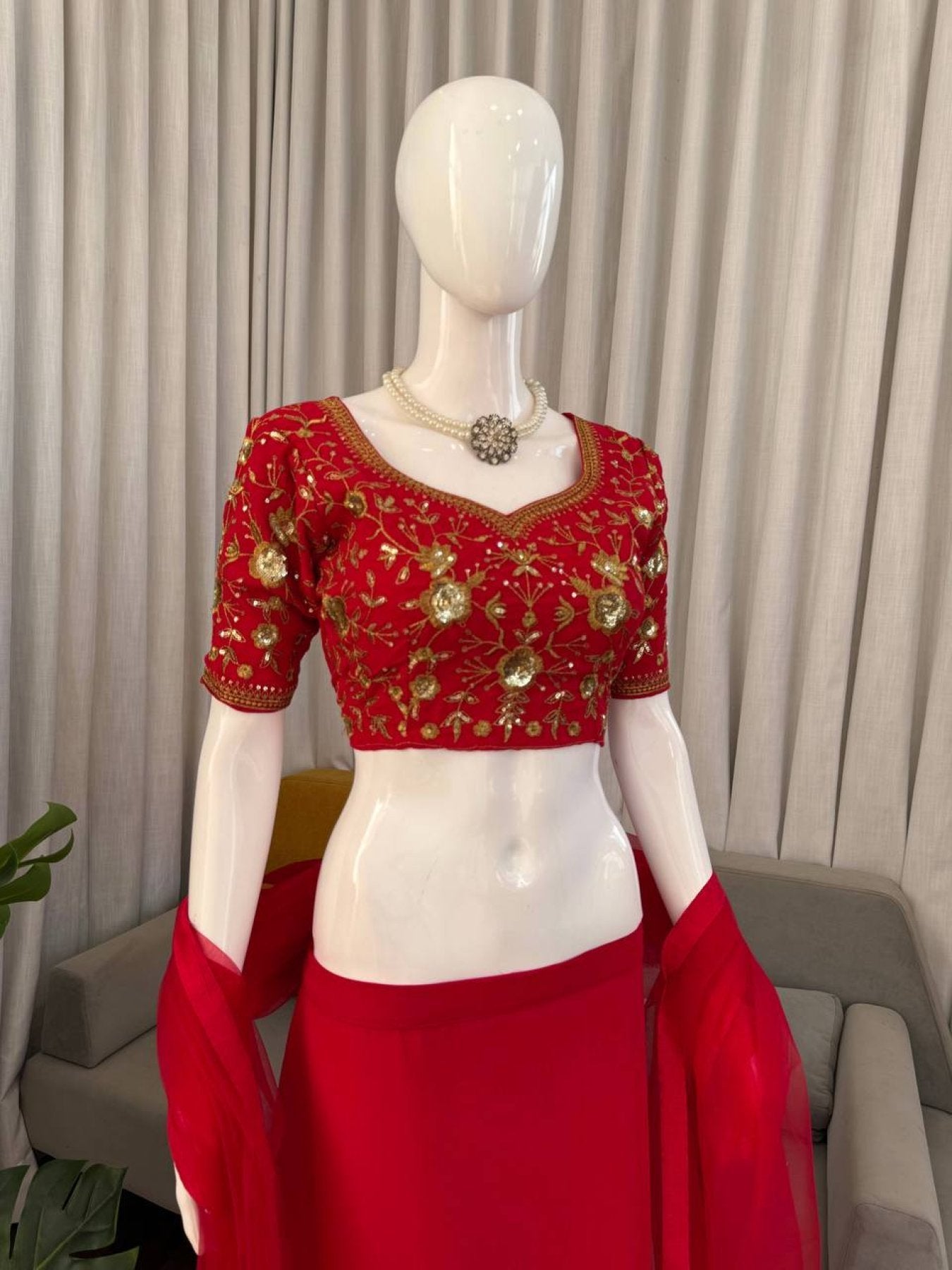 Red Faux Georgette Lehenga Choli With Sequence Work blouse and dupatta detail
