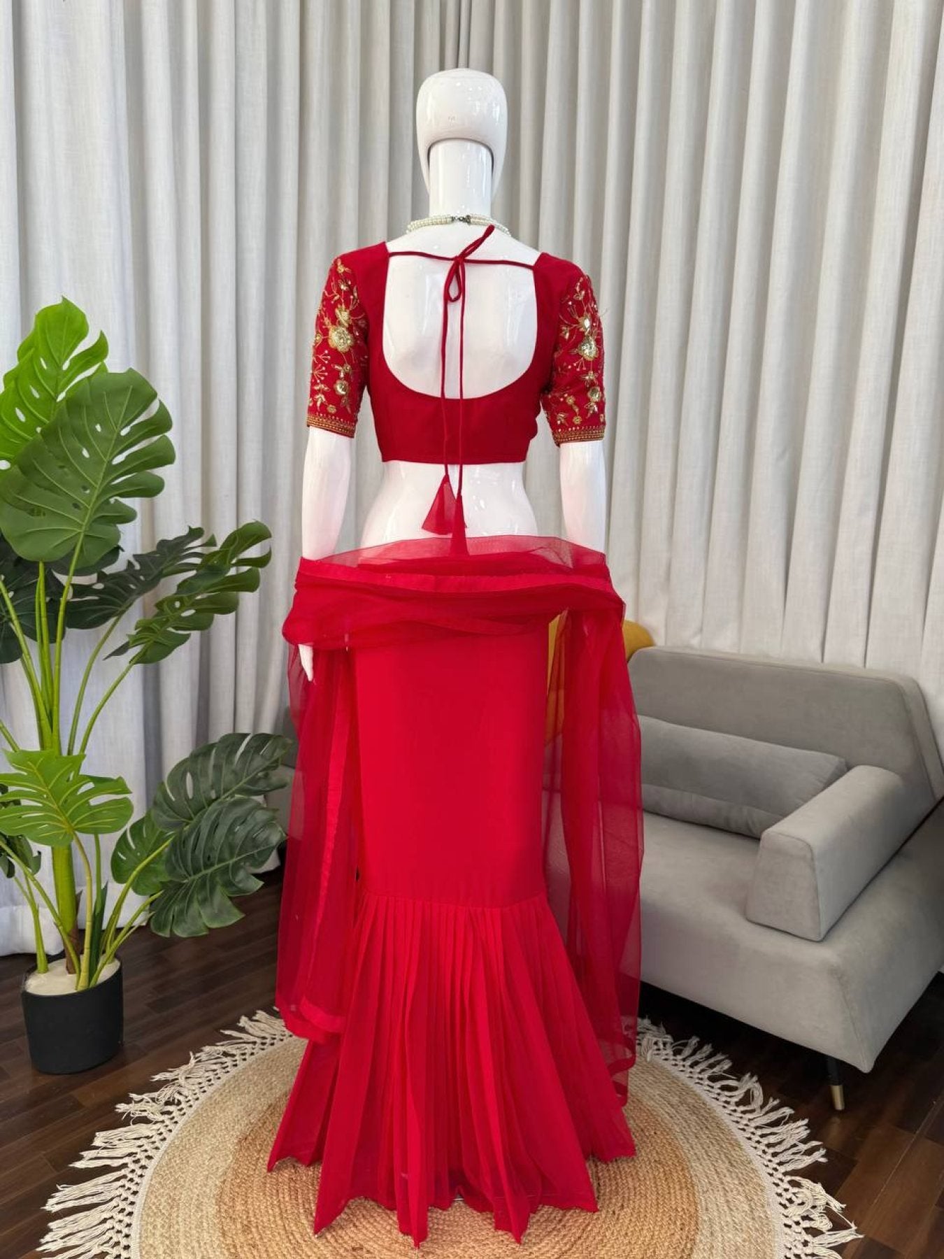 Red Faux Georgette Lehenga Choli With Sequence Work embroidery close-up