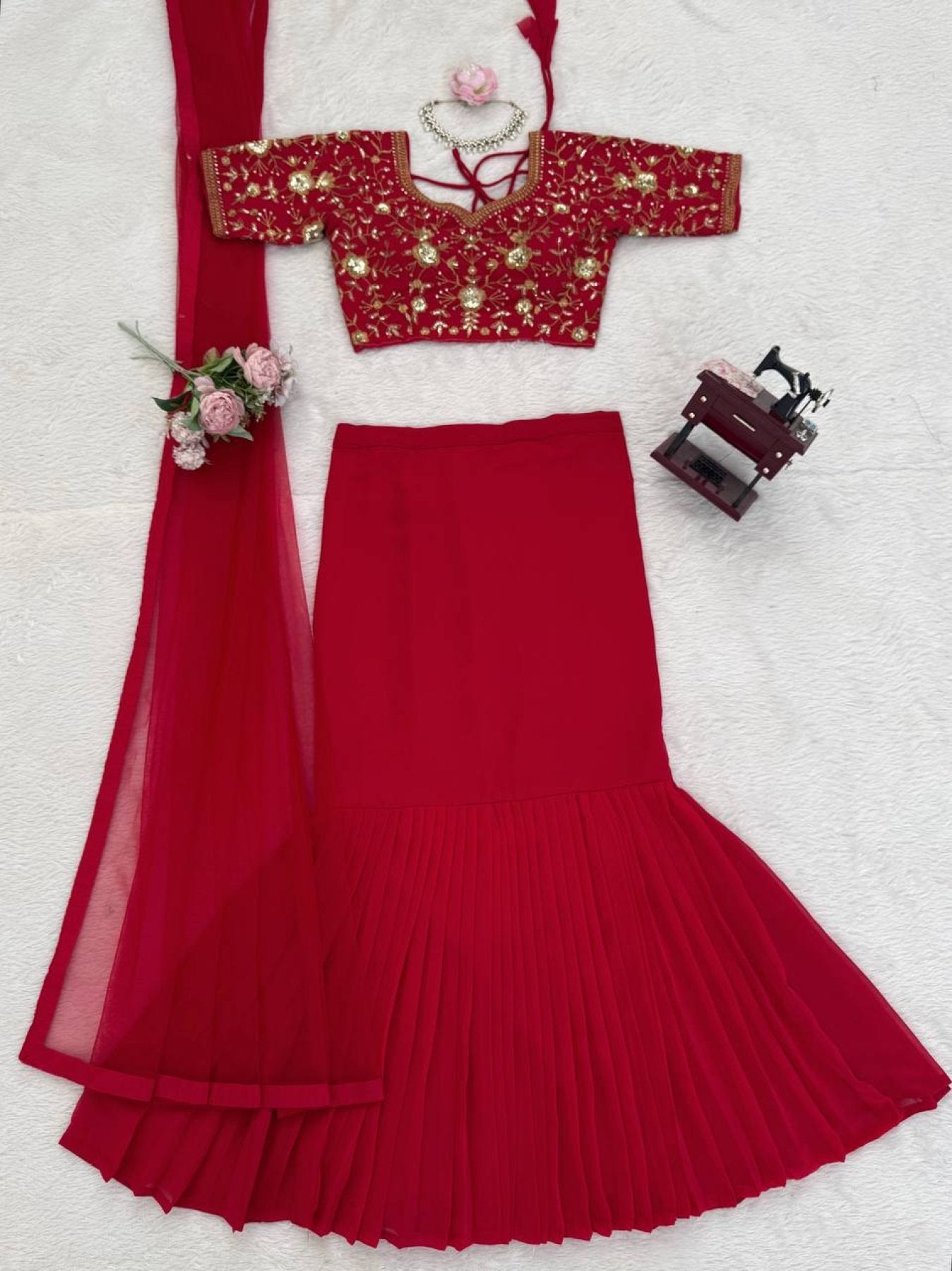 Red Faux Georgette Lehenga Choli With Sequence Work back view