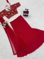 Red Faux Georgette Lehenga Choli With Sequence Work styling view