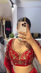 Red Faux Georgette Lehenga Choli With Sequence Work blouse and dupatta detail
