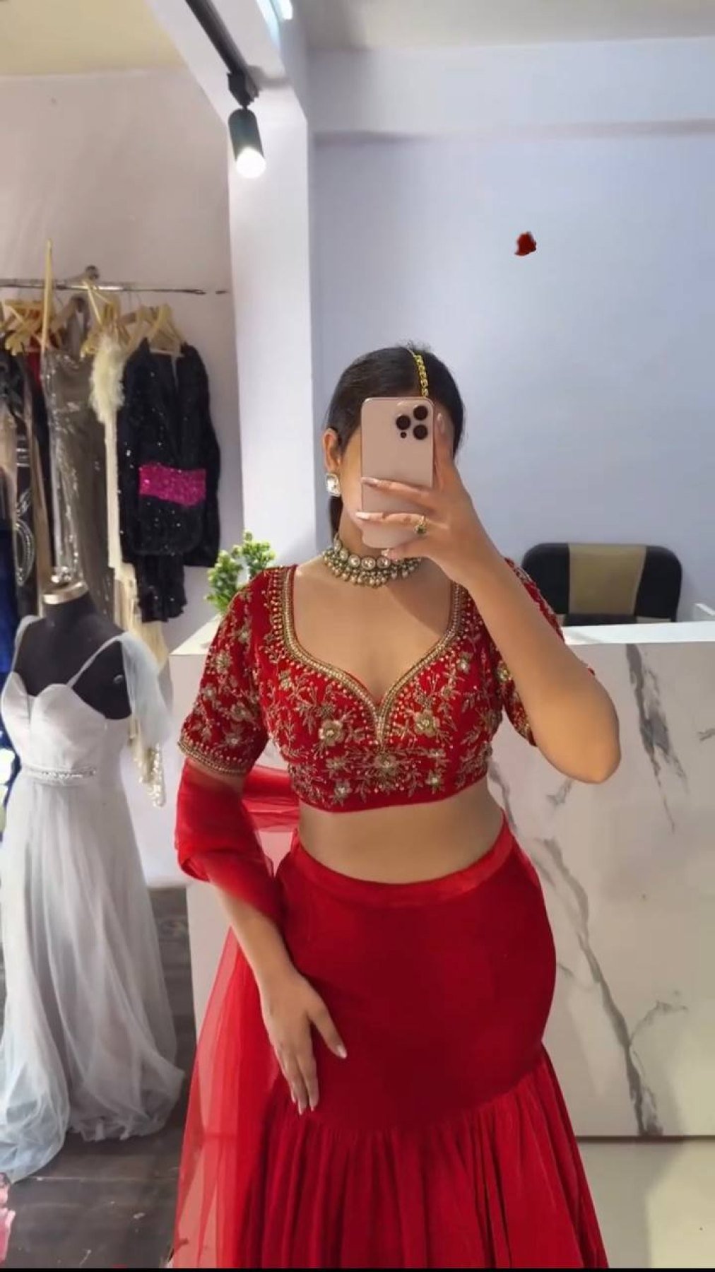 Red Faux Georgette Lehenga Choli With Sequence Work embroidery close-up
