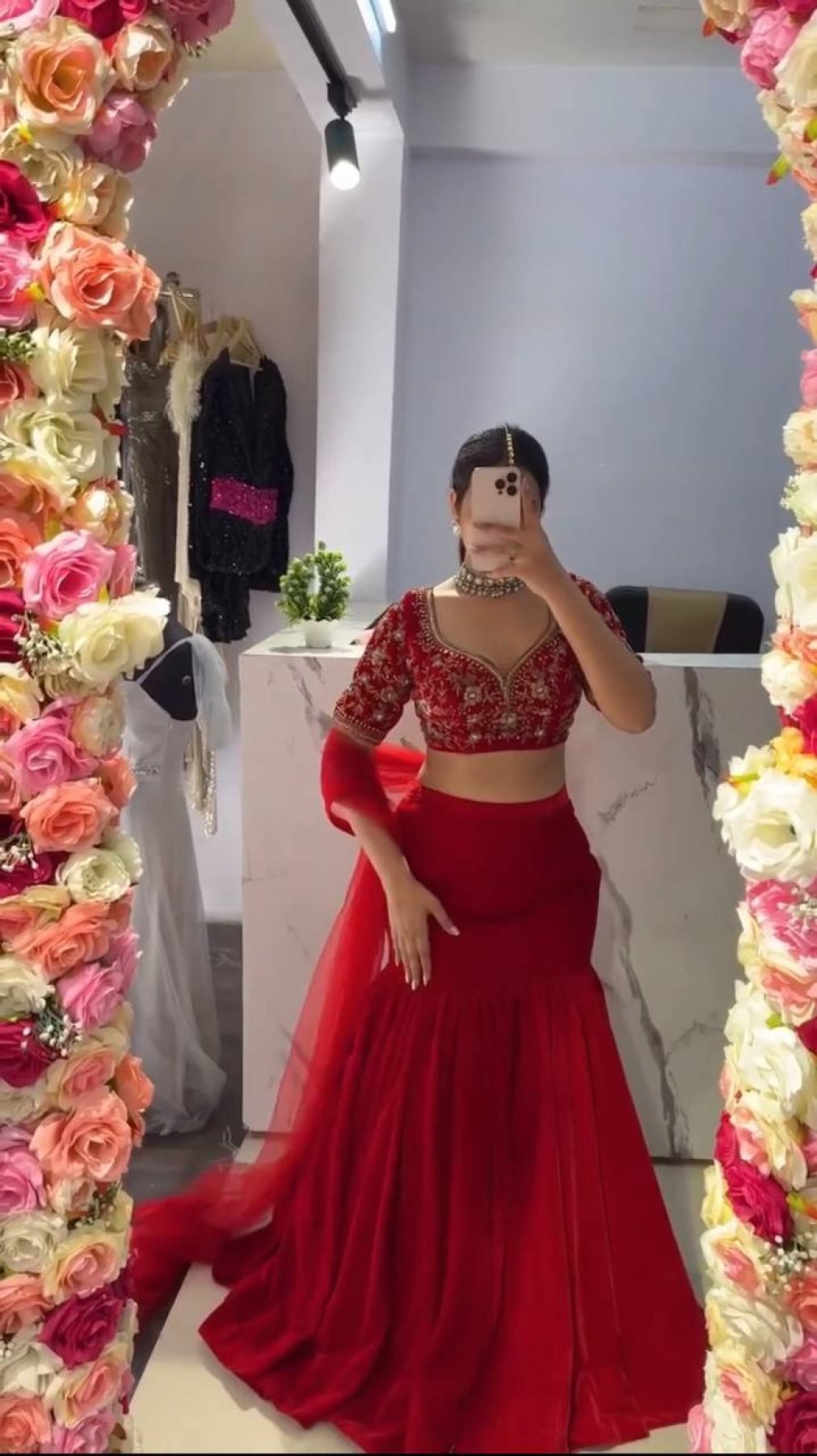Red Faux Georgette Lehenga Choli With Sequence Work fabric texture detail