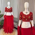 Red Faux Georgette Lehenga Choli With Sequence Work back view