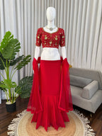Red Faux Georgette Lehenga Choli With Sequence Work styling view