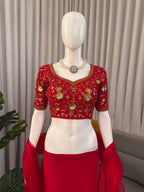 Red Faux Georgette Lehenga Choli With Sequence Work front view