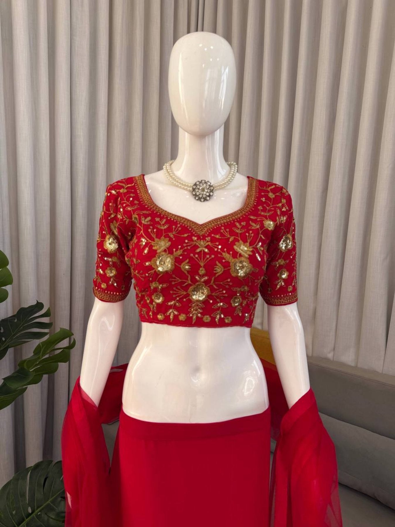 Red Faux Georgette Lehenga Choli With Sequence Work front view