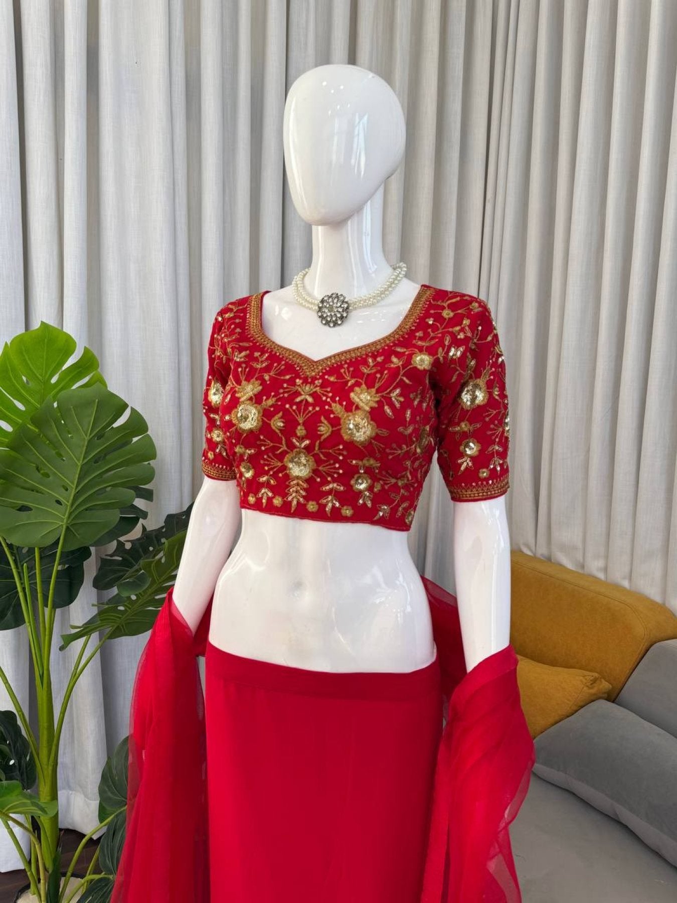 Red Faux Georgette Lehenga Choli With Sequence Work full drape view