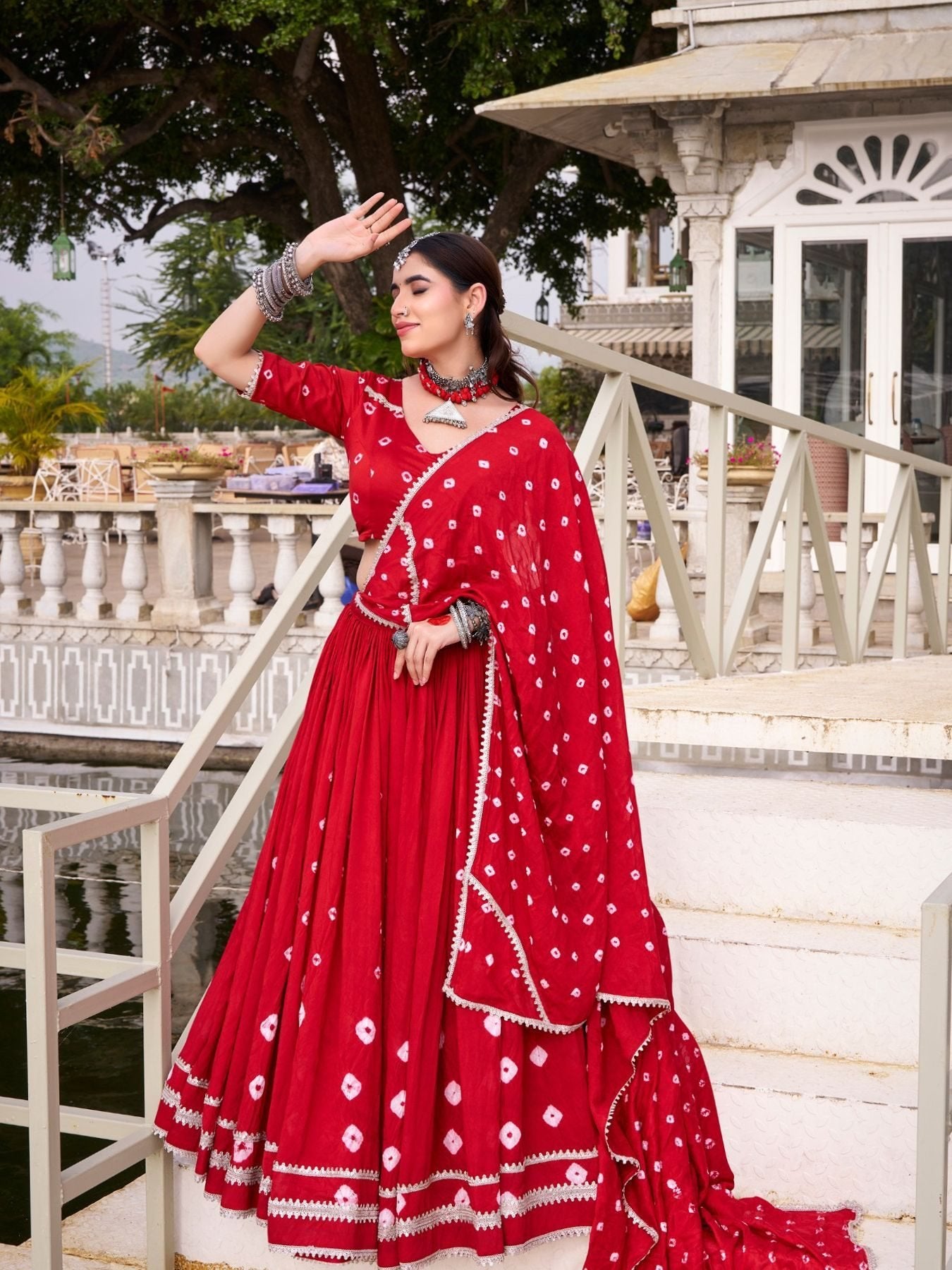 Pure Chanderi Bandhej Print Lehenga Set with Blouse and Dupatta with Lace D for women | Snyvia