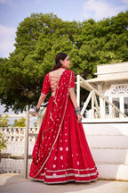 Red Pure Chanderi Bandhej Print Lehenga Set with Blouse and Dupatta with Lace D full drape view