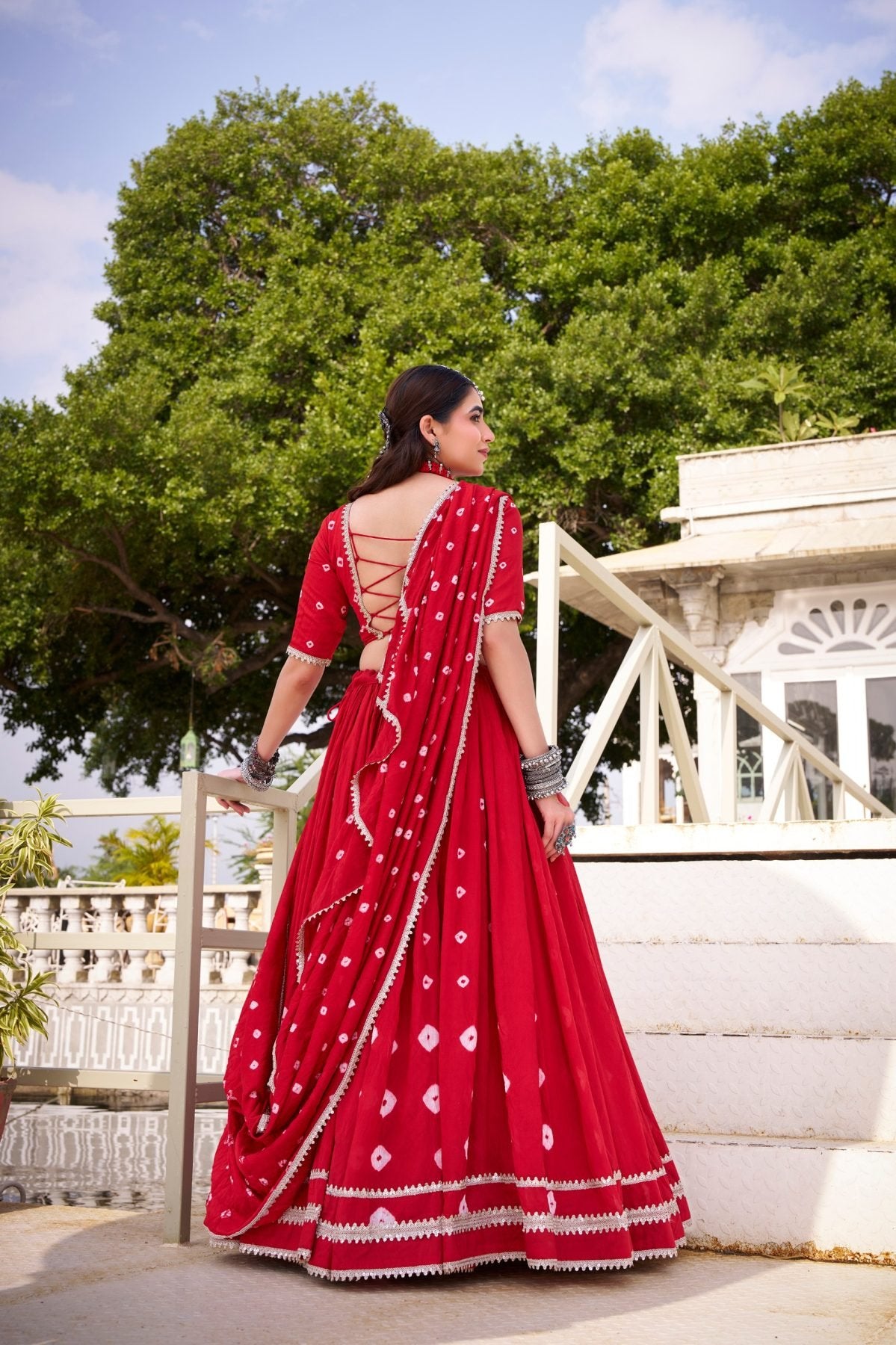 Red Pure Chanderi Bandhej Print Lehenga Set with Blouse and Dupatta with Lace D full drape view