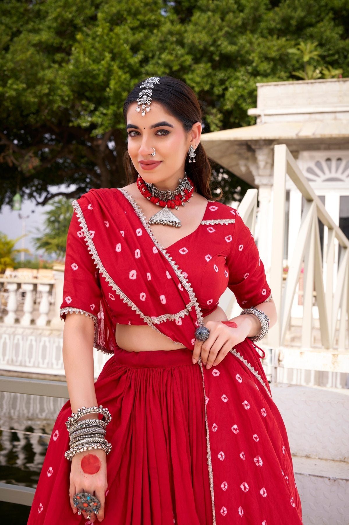 Red Pure Chanderi Bandhej Print Lehenga Set with Blouse and Dupatta with Lace D detailed view