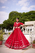 Red Pure Chanderi Bandhej Print Lehenga Set with Blouse and Dupatta with Lace D embroidery close-up