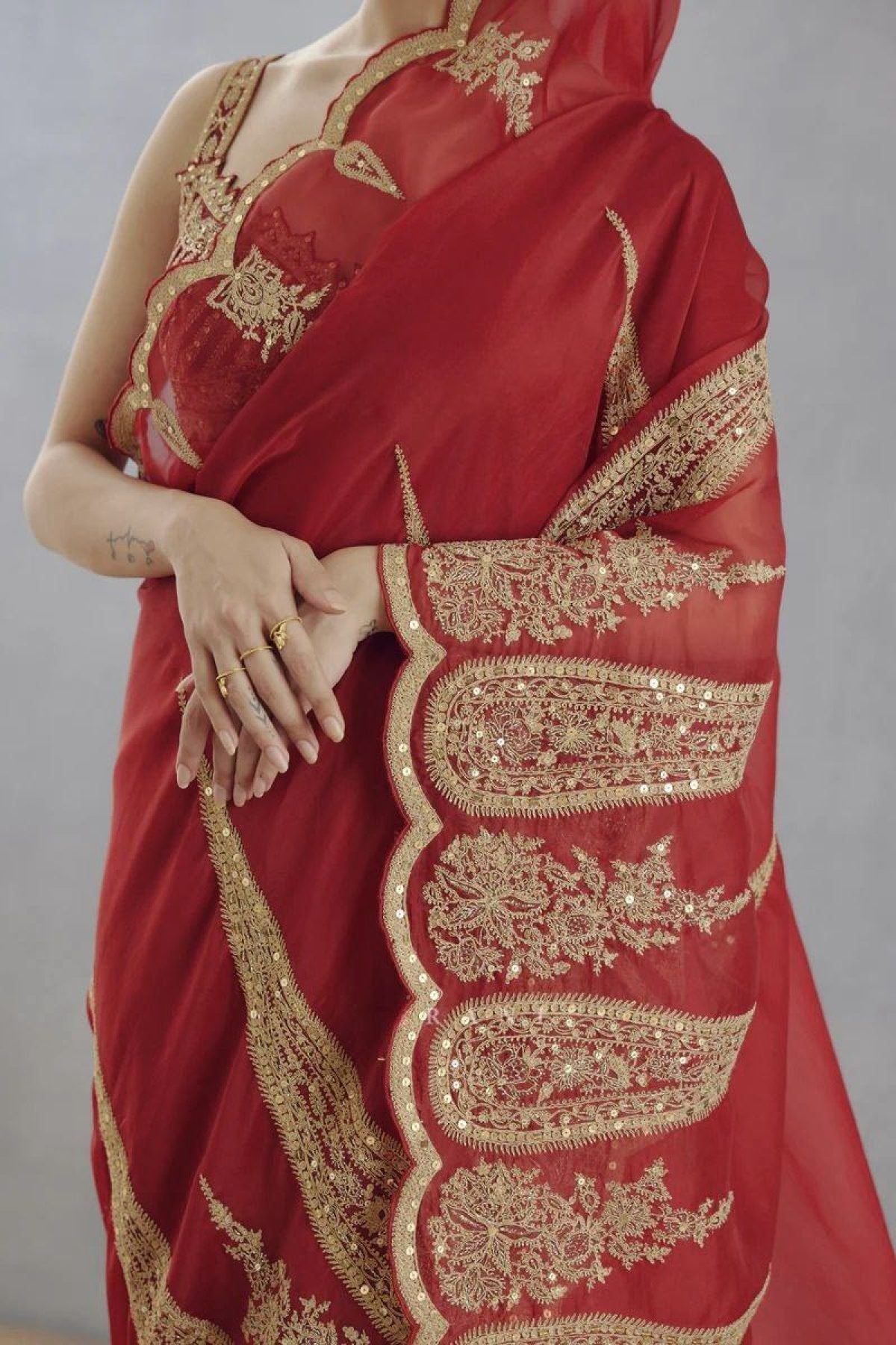 Red Organza Saree - drape and pallu detail