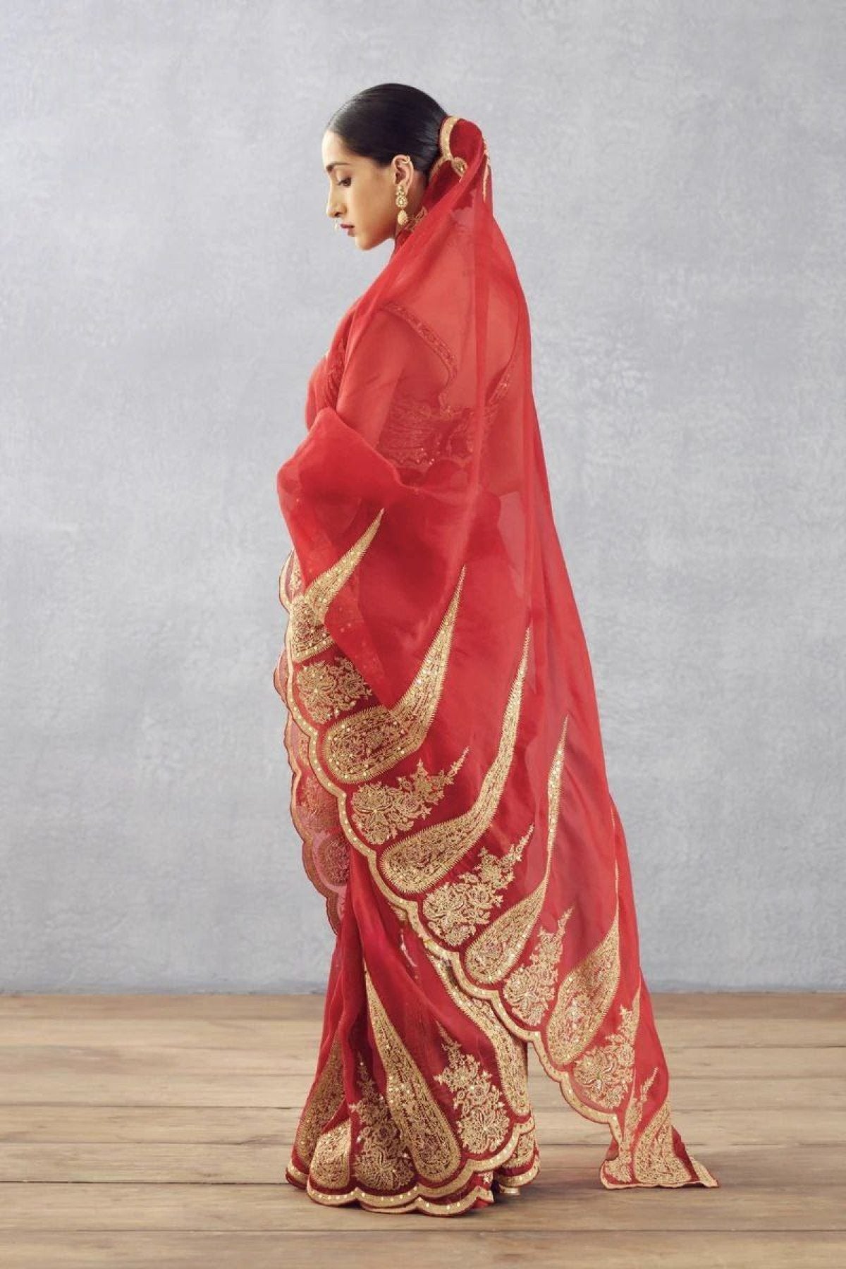 Red Organza Saree - side drape view