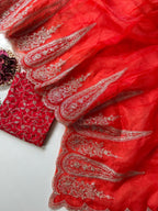 Red Organza Saree - fabric texture close-up