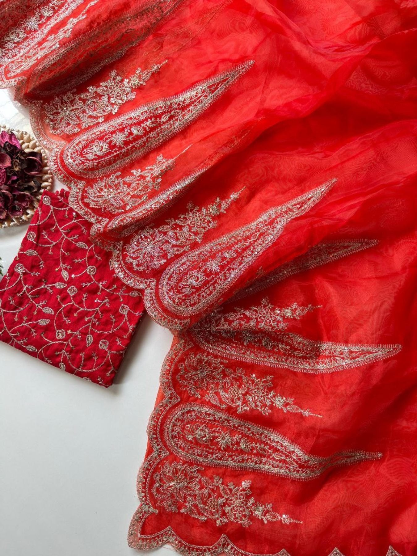 Red Organza Saree - fabric texture close-up