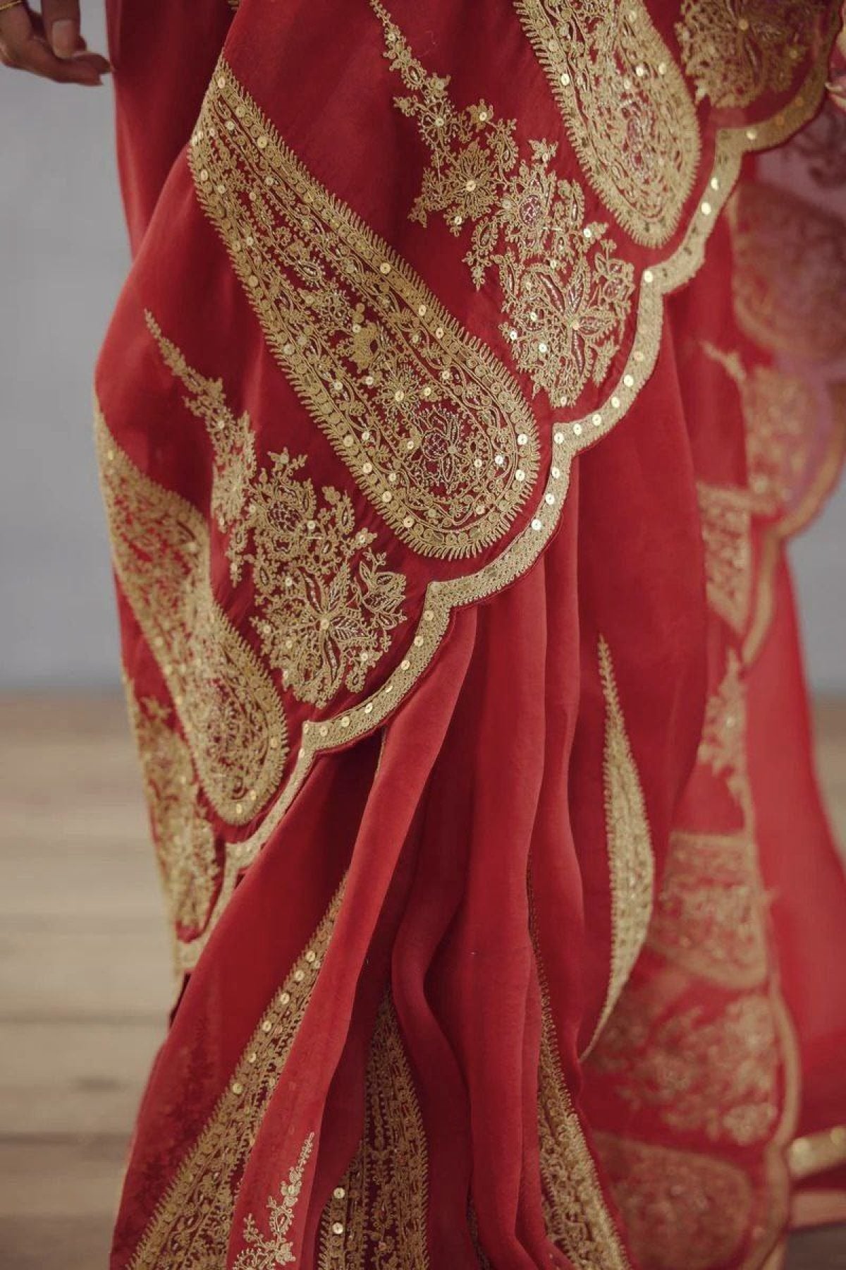 Red Organza Saree - Embroidery embroidery work detail