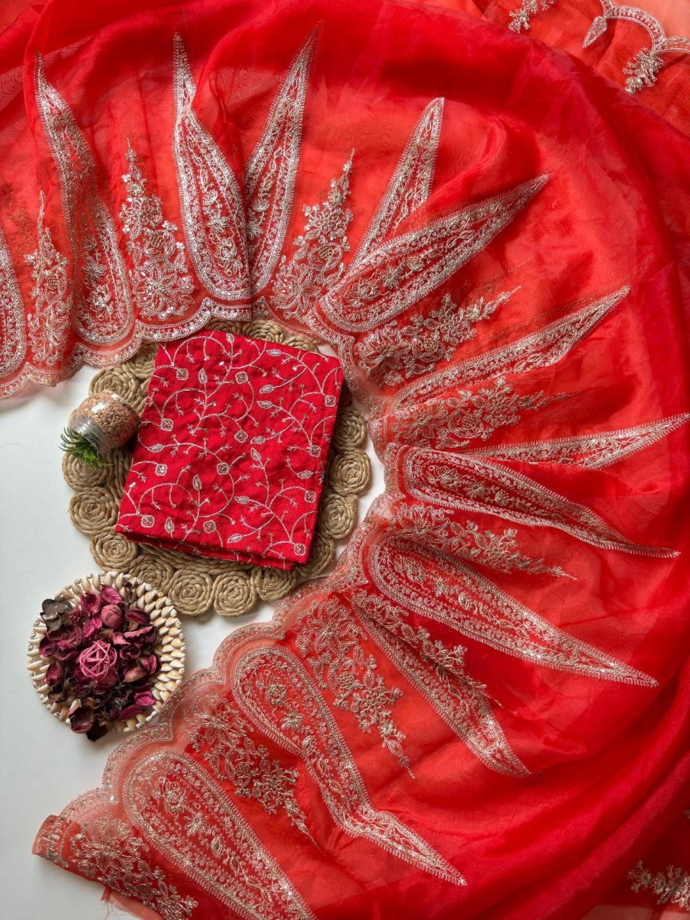 Red Organza Saree - Embroidery pallu design detail