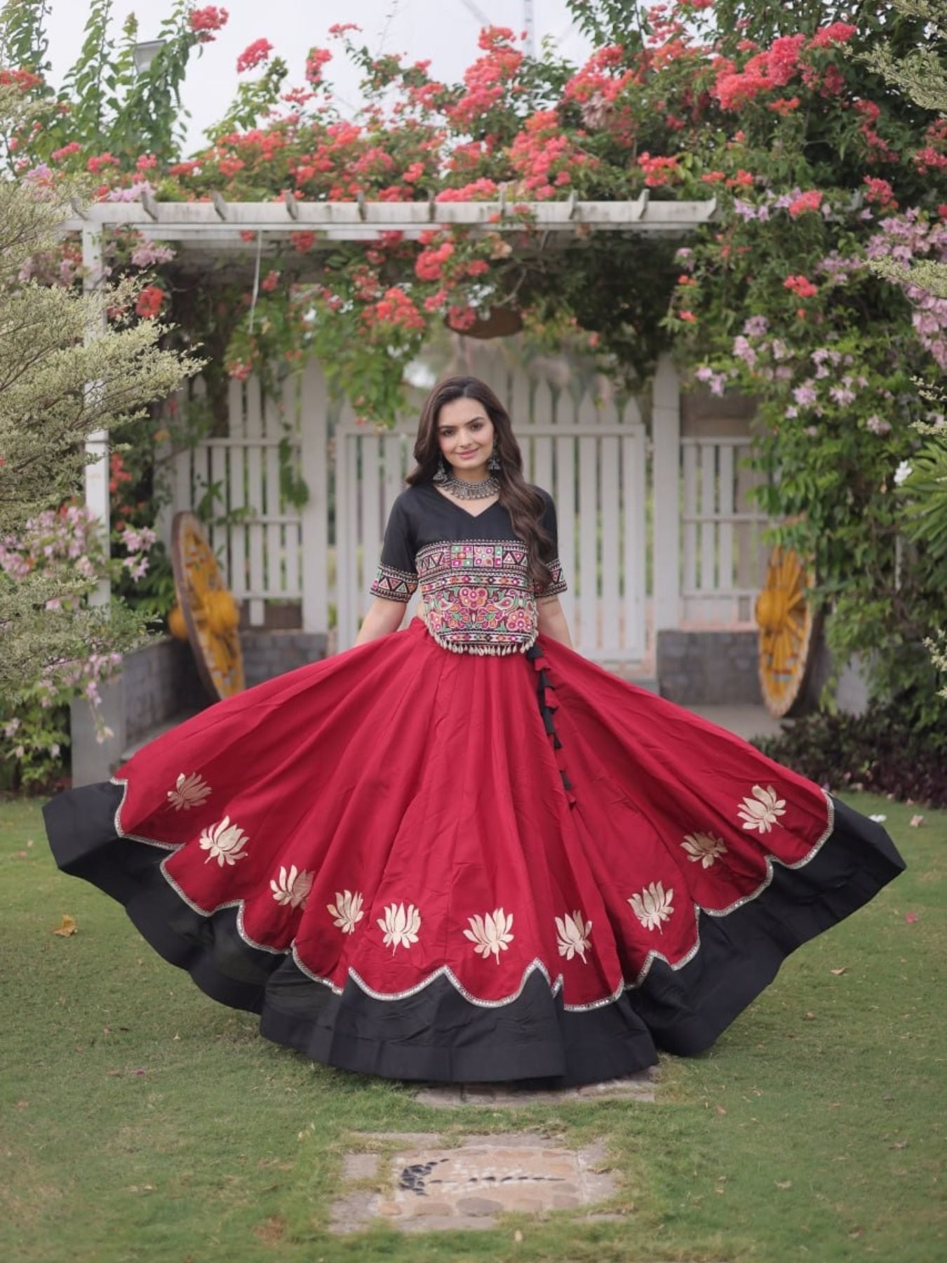 Roman Fabric Navratri Lehenga Choli with Kutchi Gamthi Embroidery Work blouse and dupatta detail