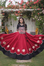 Roman Fabric Navratri Lehenga Choli with Kutchi Gamthi Embroidery Work back view