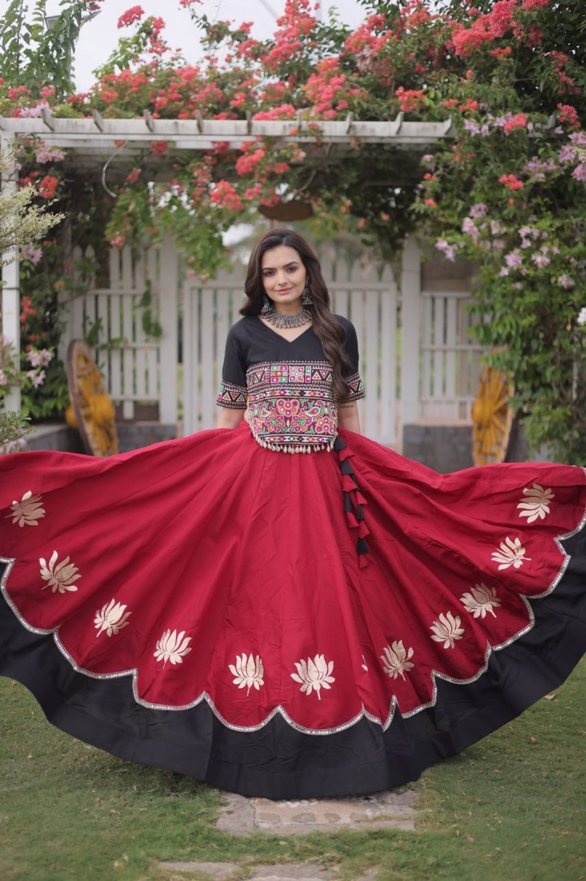 Roman Fabric Navratri Lehenga Choli with Kutchi Gamthi Embroidery Work back view