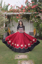 Roman Fabric Navratri Lehenga Choli with Kutchi Gamthi Embroidery Work styling view