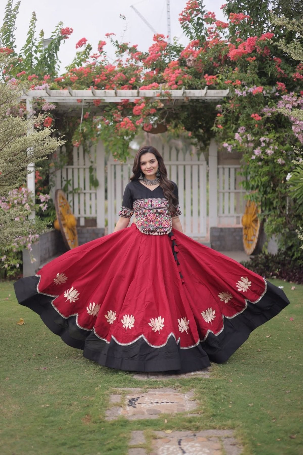 Roman Fabric Navratri Lehenga Choli with Kutchi Gamthi Embroidery Work styling view