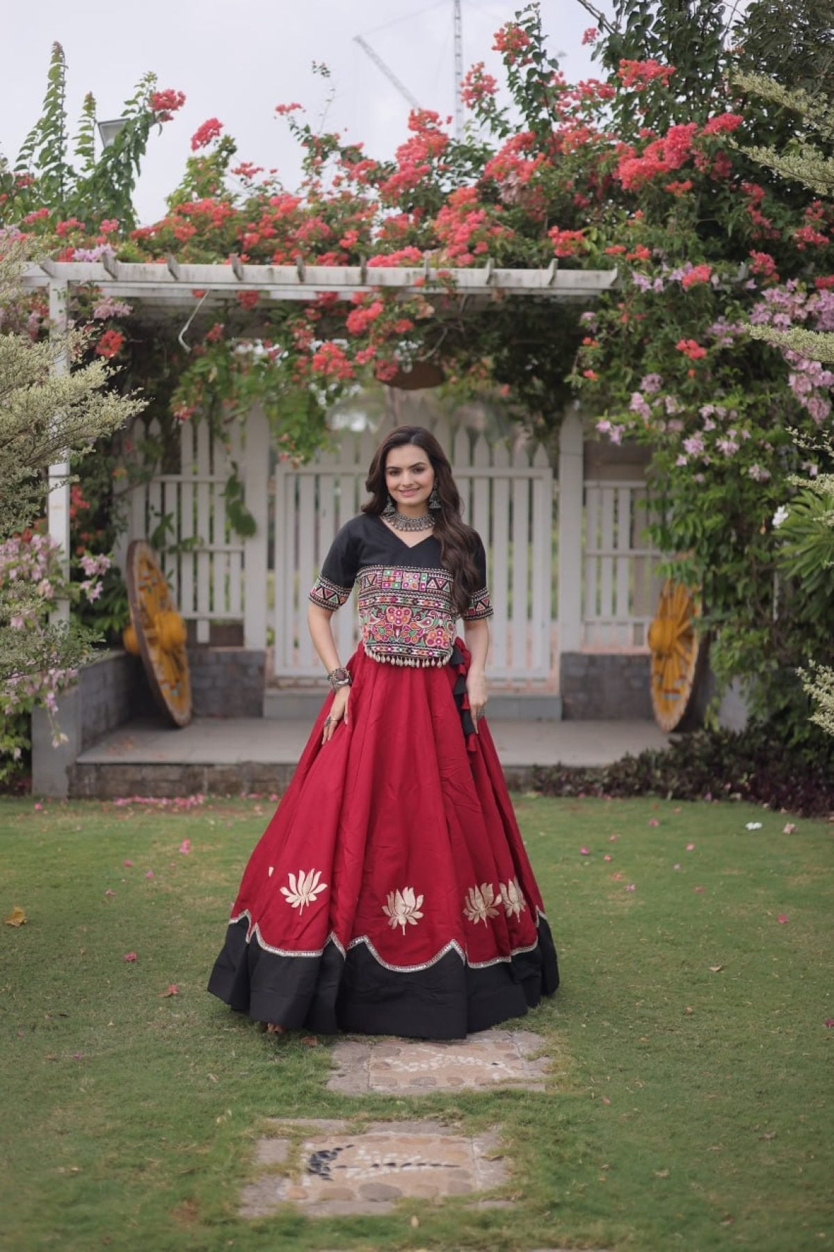 Roman Fabric Navratri Lehenga Choli with Kutchi Gamthi Embroidery Work colour variant view