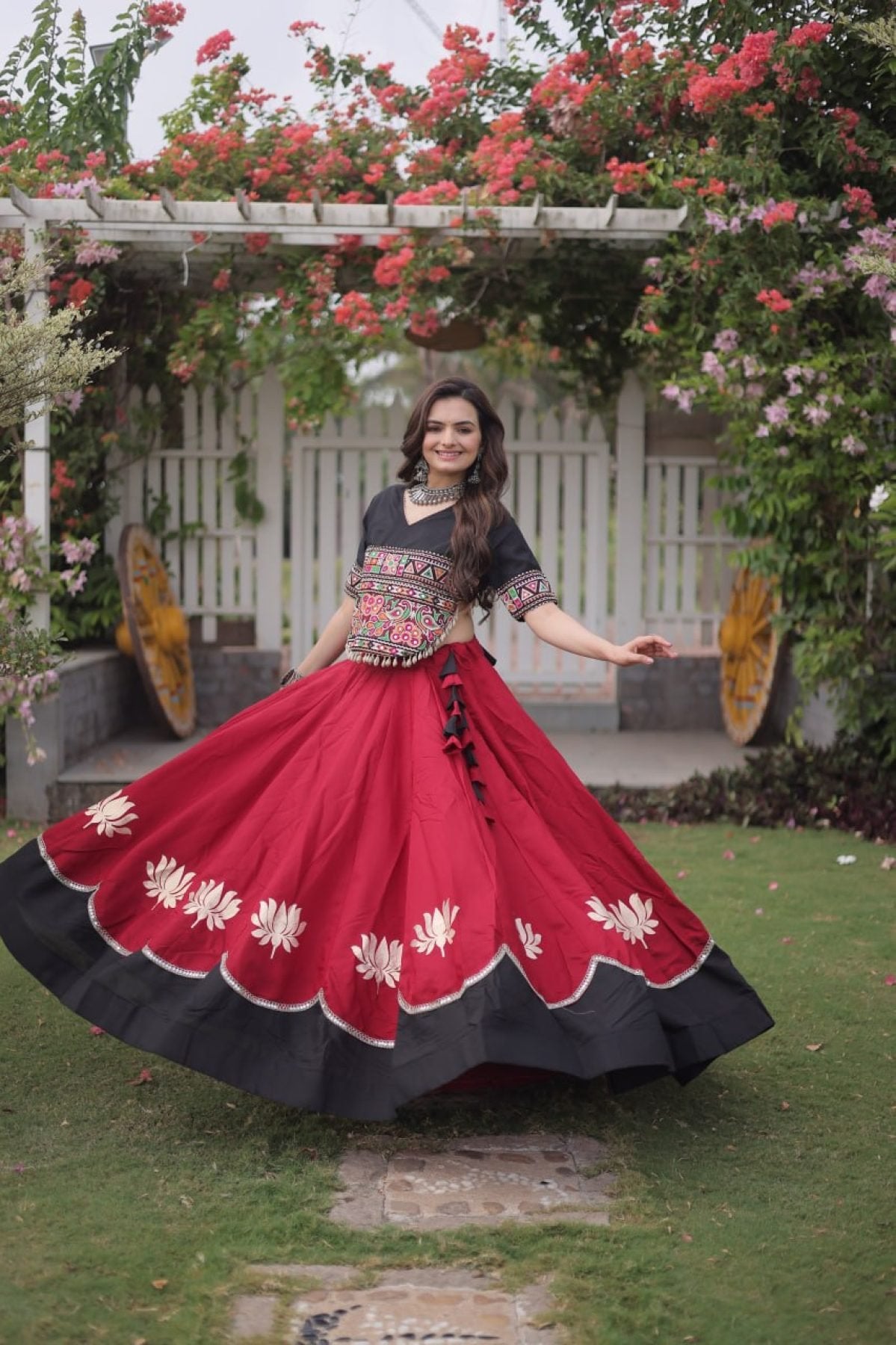 Roman Fabric Navratri Lehenga Choli with Kutchi Gamthi Embroidery Work front view