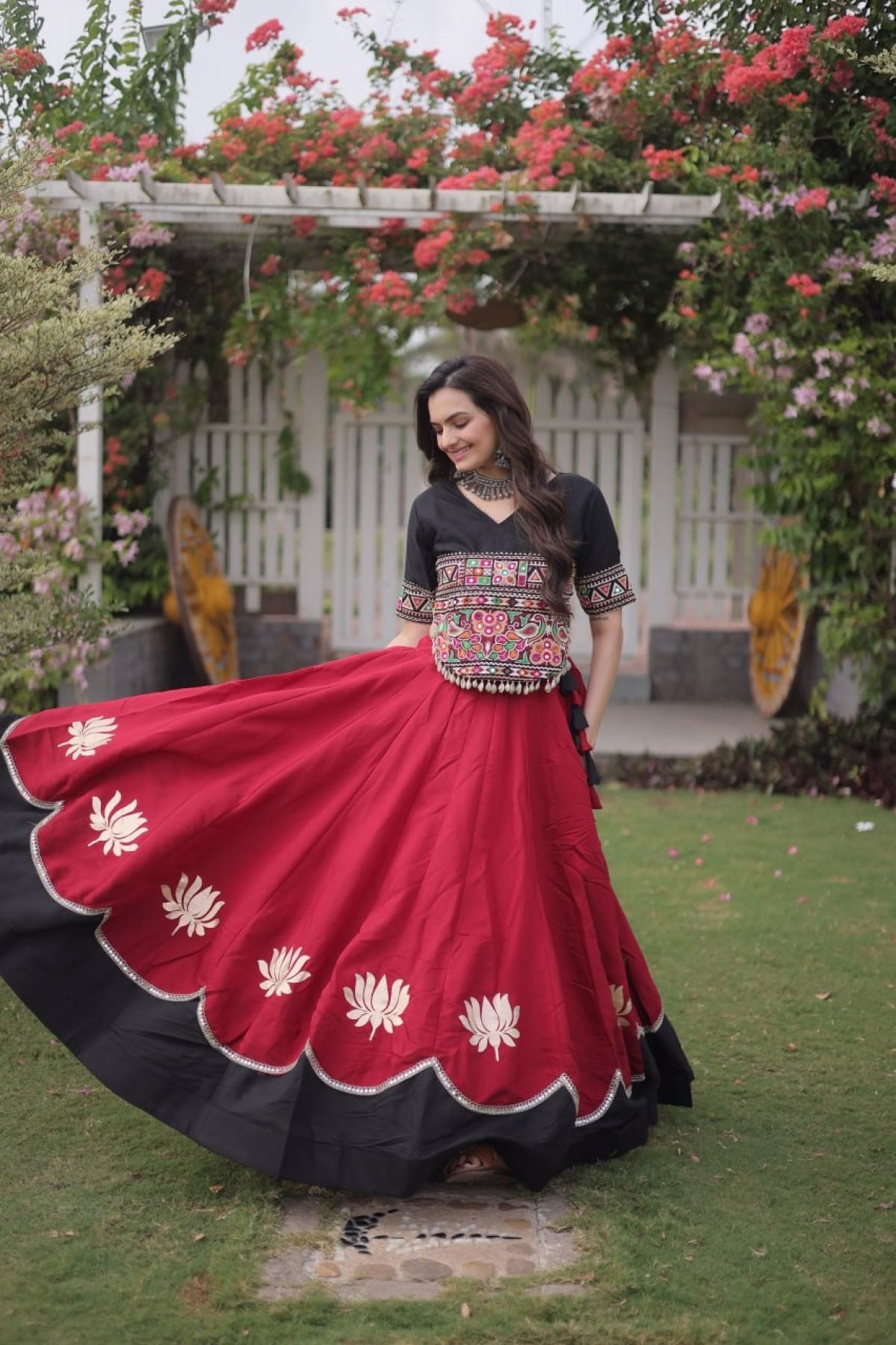 Roman Fabric Navratri Lehenga Choli with Kutchi Gamthi Embroidery Work full drape view