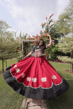 Roman Fabric Navratri Lehenga Choli with Kutchi Gamthi Embroidery Work blouse and dupatta detail