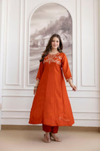 Orange 3 Piece Kurti With Pant And Vichitra Dupatta for Parties detailed view