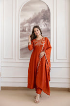 Orange 3 Piece Kurti With Pant And Vichitra Dupatta for Parties embroidery close-up