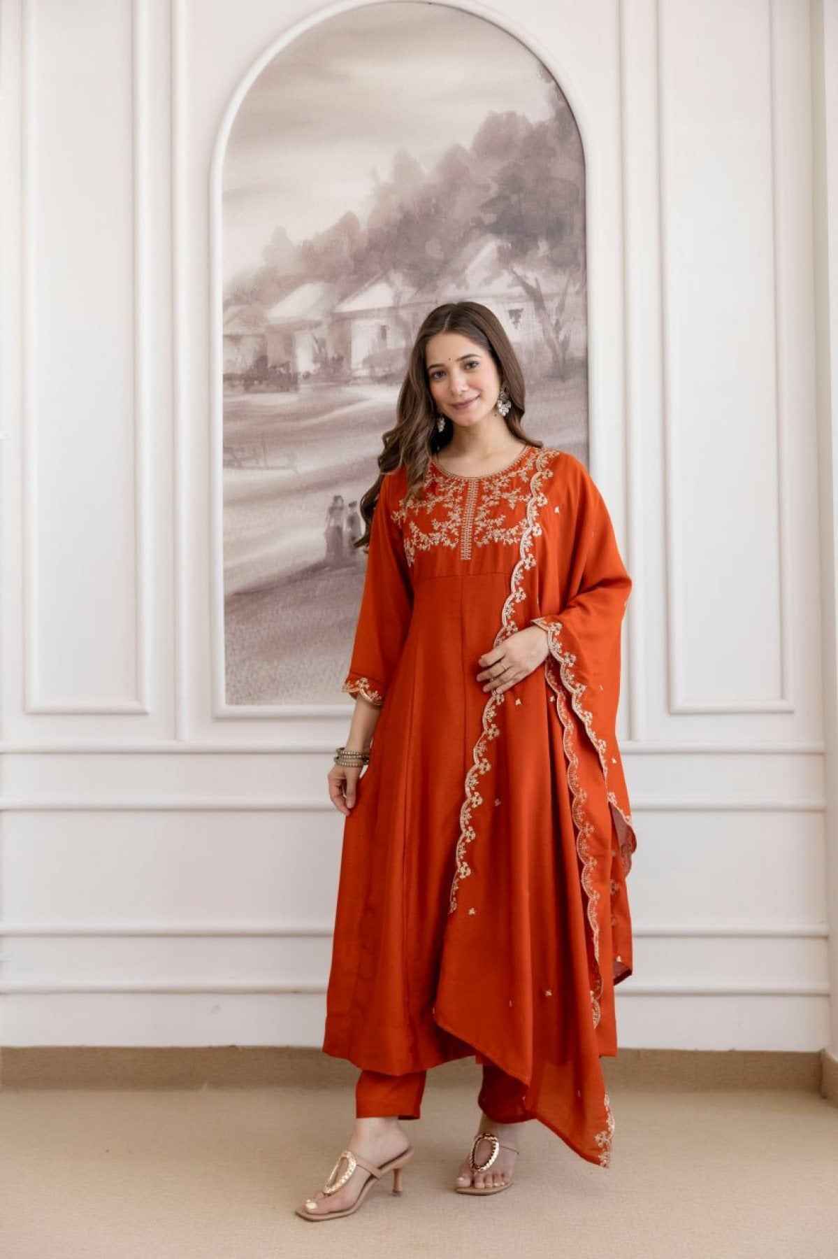 Orange 3 Piece Kurti With Pant And Vichitra Dupatta for Parties fabric texture detail