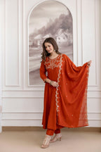 Orange 3 Piece Kurti With Pant And Vichitra Dupatta for Parties back view