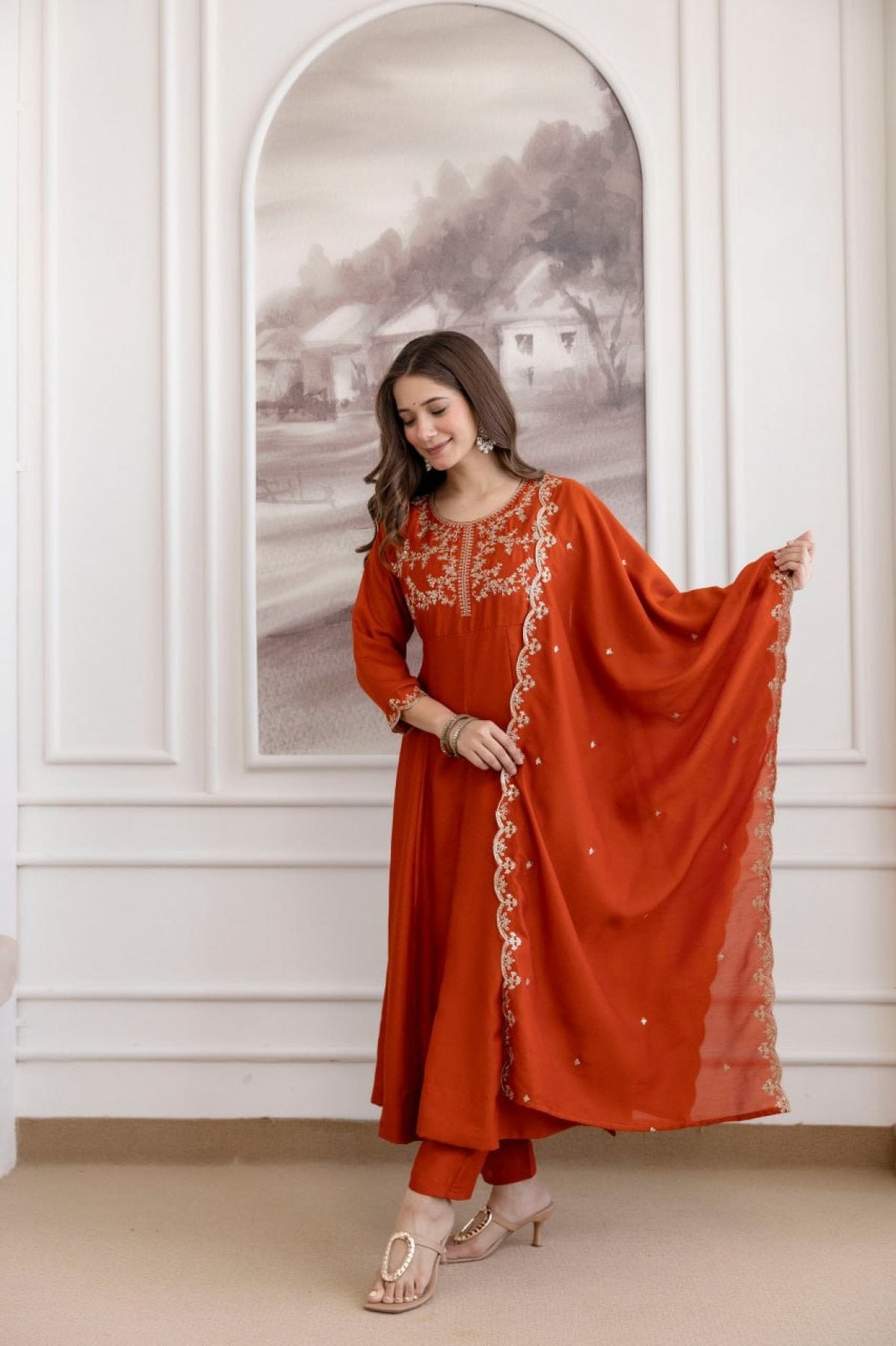 Orange 3 Piece Kurti With Pant And Vichitra Dupatta for Parties back view