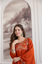 Orange 3 Piece Kurti With Pant And Vichitra Dupatta for Parties styling view