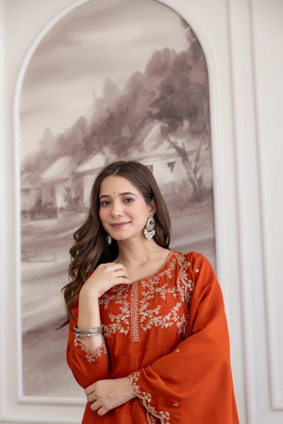 Orange 3 Piece Kurti With Pant And Vichitra Dupatta for Parties styling view