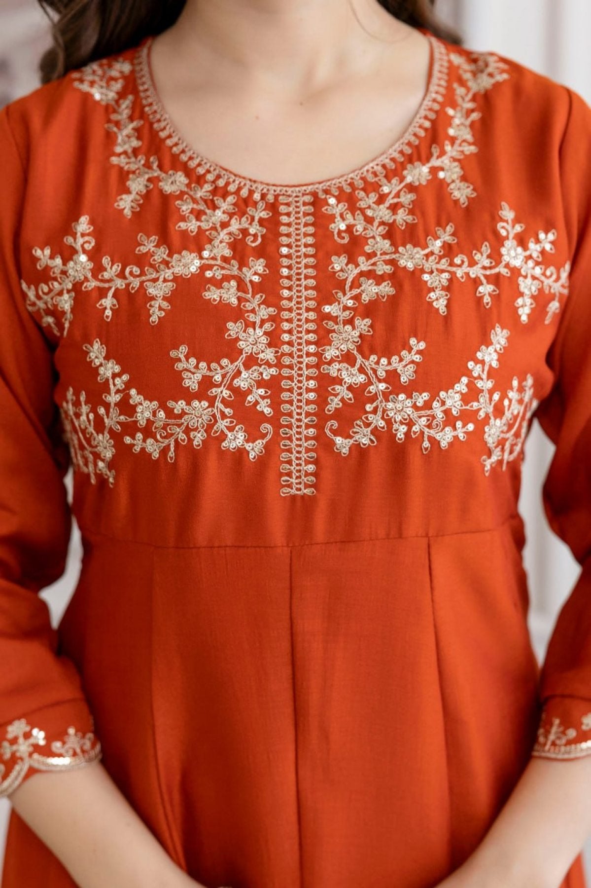 Orange 3 Piece Kurti With Pant And Vichitra Dupatta for Parties detailed view