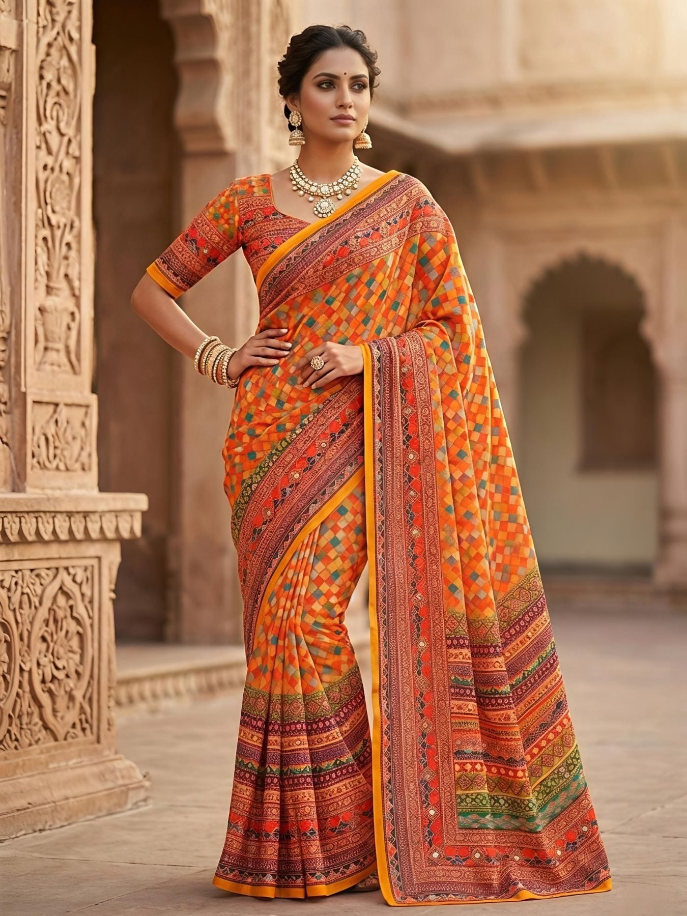 Orange Georgette Saree for women - full front view | Snyvia