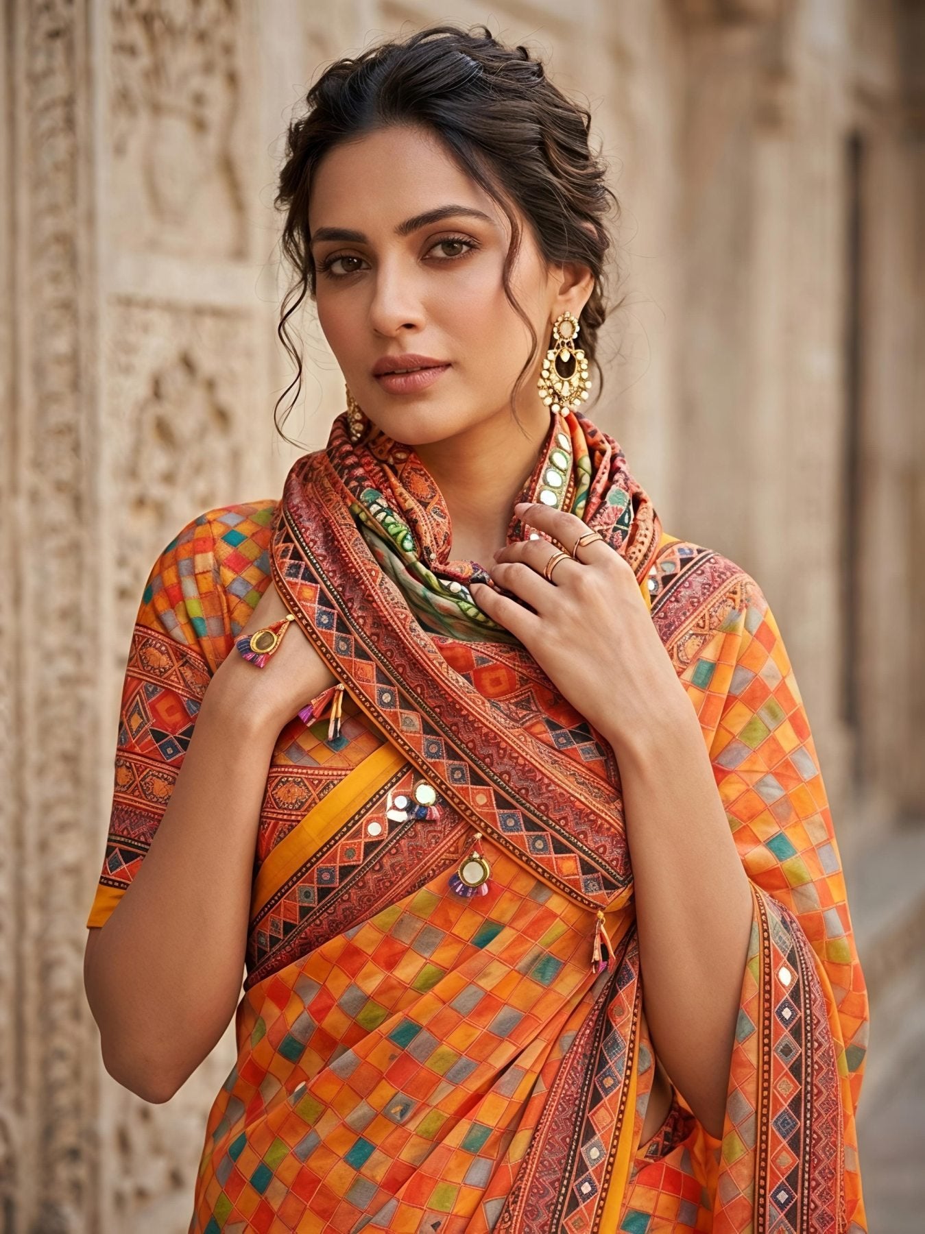 Orange Georgette Saree - side drape view