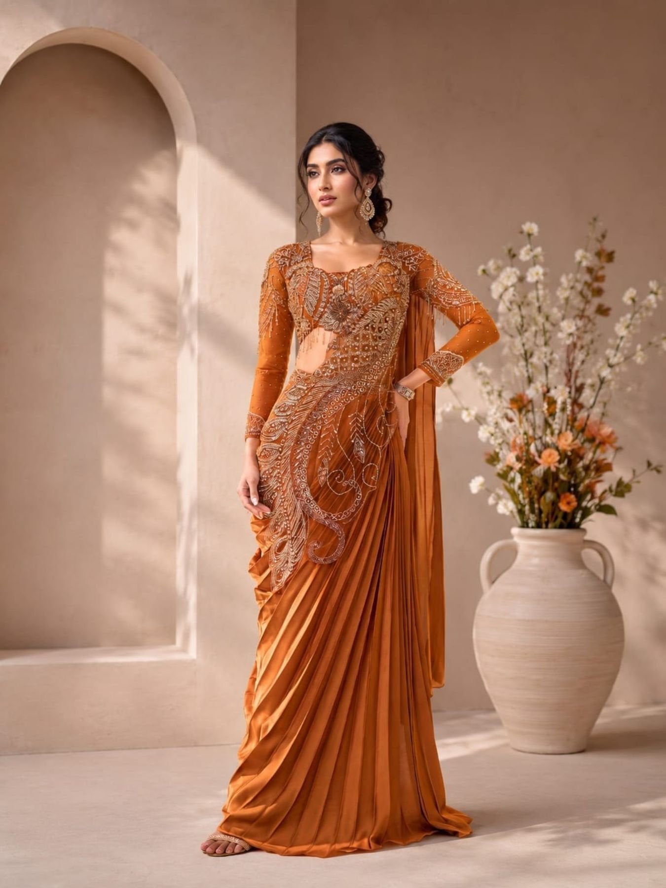 Orange Silk Saree for women - full front view | Snyvia