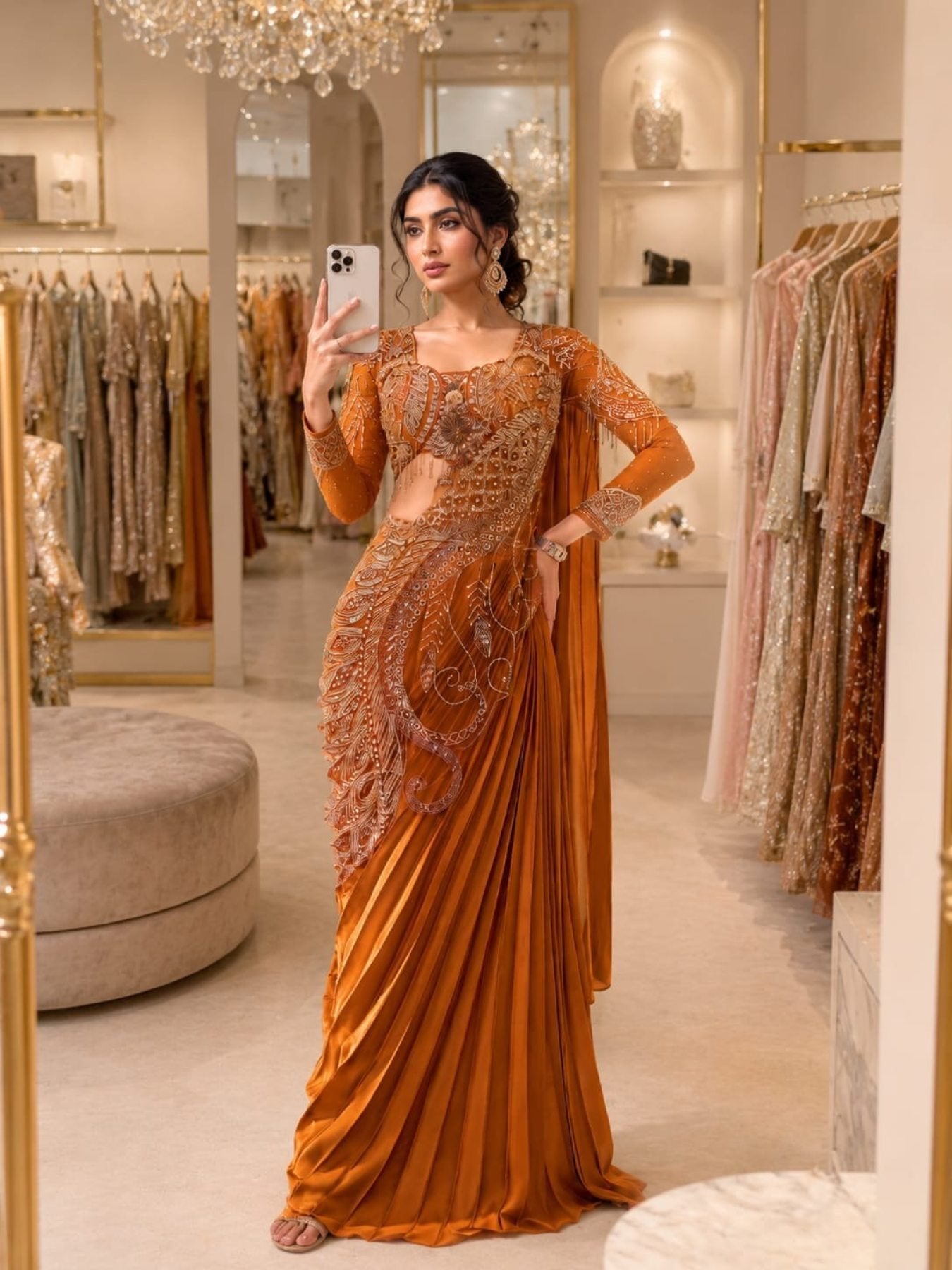 Orange Silk Saree - fabric texture close-up