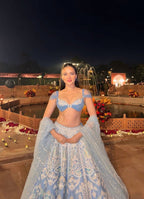 Blue Slub Silk Lehenga Choli with Rainbow Sequins Work for Wedding Wear embroidery close-up