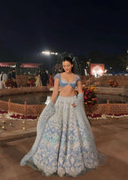 Blue Slub Silk Lehenga Choli with Rainbow Sequins Work for Wedding Wear fabric texture detail