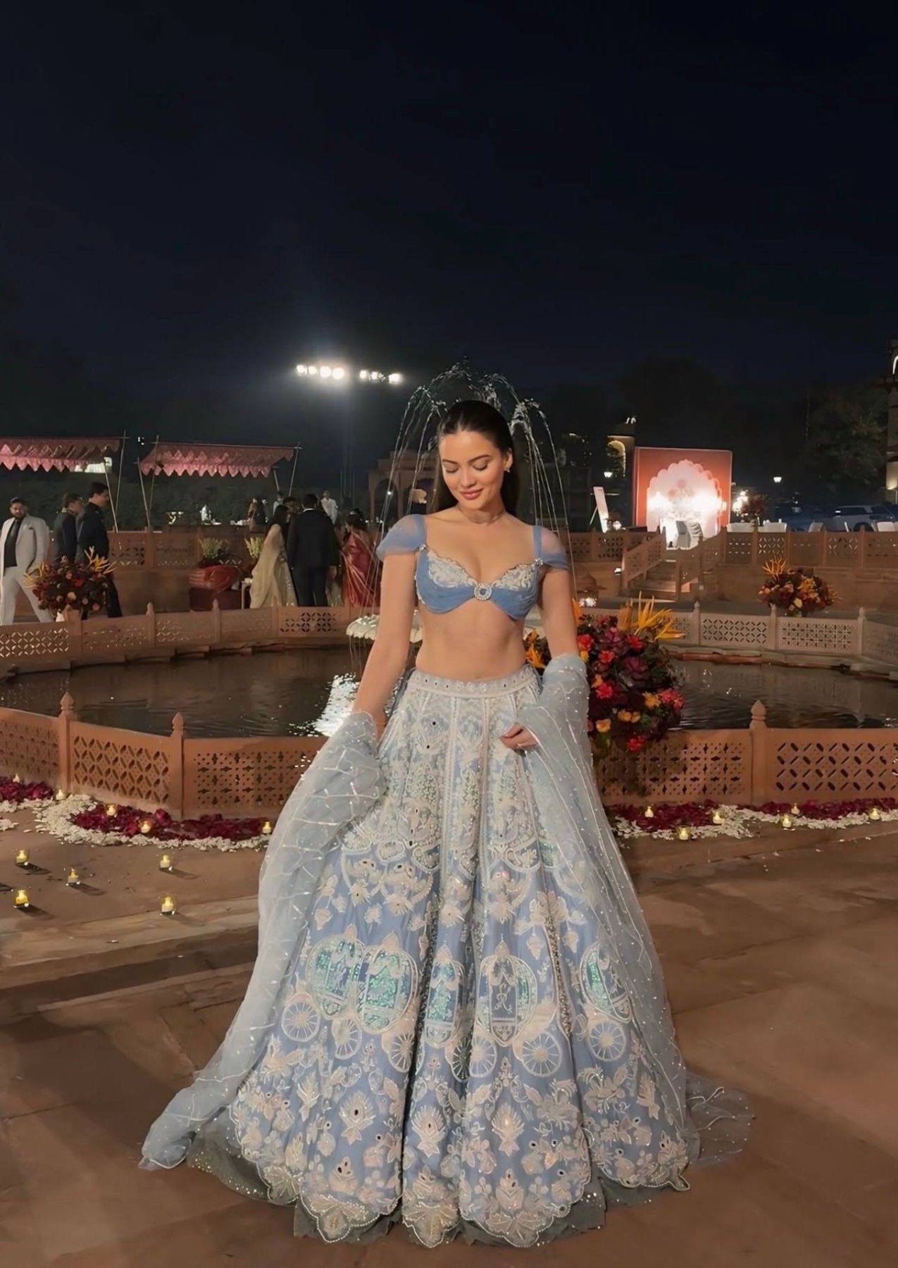 Blue Slub Silk Lehenga Choli with Rainbow Sequins Work for Wedding Wear fabric texture detail