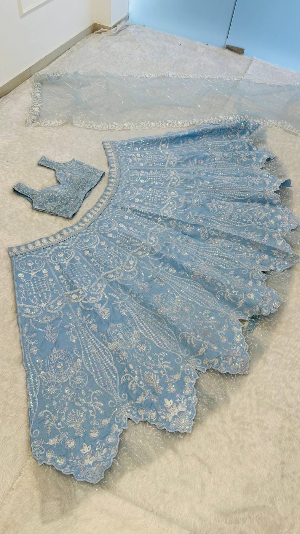 Blue Slub Silk Lehenga Choli with Rainbow Sequins Work for Wedding Wear back view