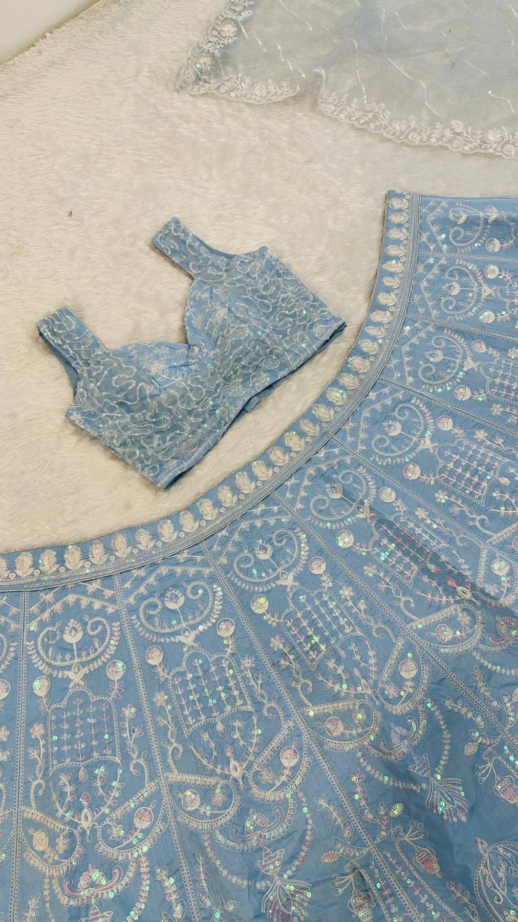 Blue Slub Silk Lehenga Choli with Rainbow Sequins Work for Wedding Wear styling view